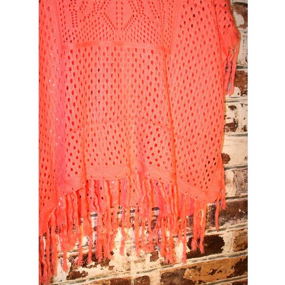 No Boundaries Coral Fringe Hem Poncho Cover-Up Top - Picture 4 of 7